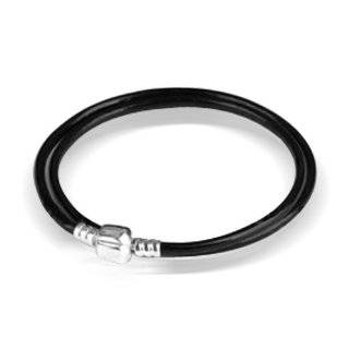   Silver Black Leather Pandora Compatible Lariat Necklace 27 in. Charm