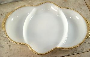 Fire King Anchor Hocking Divided White Milk Glass Serving Dish with Gold Trim