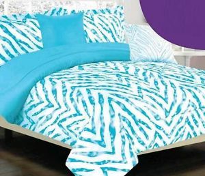 Full Girls Teen Blue White Funky Zebra Animal Print Comforter Bedding Set