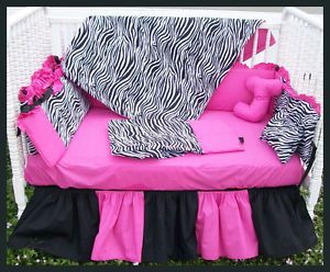 New Baby Crib Bedding Set Hot Pink Black Zebra Fabrics