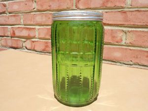 Old Antique Vintage Hoosier Cabinet Style Green Zipper Glass Coffee Jar Canister