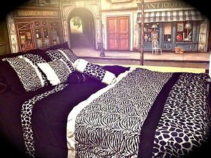 Cheetah Zebra Giraffe Animal Print Black White Queen Bed and Curtain Set 11piece