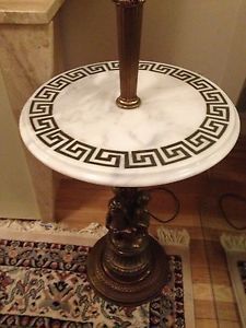 Antique Marble Italy White Gold Brass Cherubs Pedestal End Table Lamp Furniture