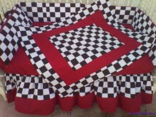 New Black White Checkered Flag Racing Crib Bedding Set w Red Accent Fabric