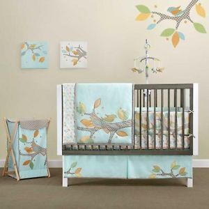 3pc Colorful Tree Berry Leaves w Baby Blue Bird Crib Bedding Set for Baby Girls