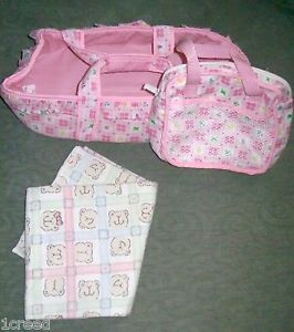 12" Baby Doll Pink Bed Carrier Diaper Bag Blanket Set