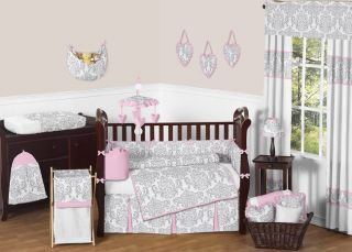 Boutique Designer Pink Grey White Damask Baby Girl Unique Crib Room Bedding Set