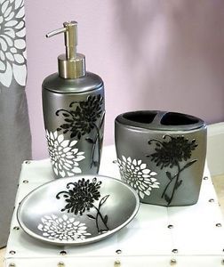 Erica Bathroom Accessory Set Black White Floral Flowers Silver Bath Decor