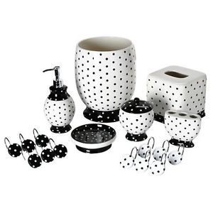Black White Polka Dot Bathroom Accessory Tissue Box Wastebasket Bath Hooks Decor
