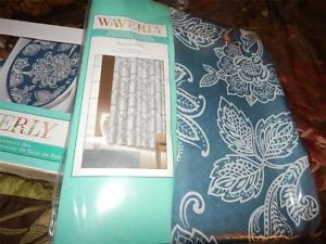 New Waverly Blue Floral Fabric Shower Curtain 3 PC Bath Accessory Set