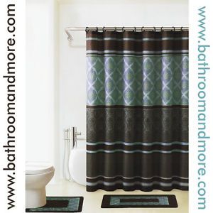 Blue Brown Bath Set 2 Bath Mat Rug Fabric Shower Curtain Fabric Covered Rings