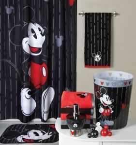 Mickey Mouse Bathroom Set Shower Curtain Bath Rug Hooks 2 Towels Trash Can More
