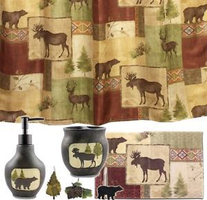 Mountain Moose and Bear 5 Piece Bath Set Cabin Decor Shower Curtain Rug