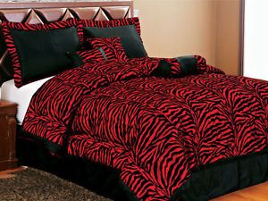 New 7pc Queen Zebra Red Black Comforter Set Flock Satin Bedding Bed in A Bag