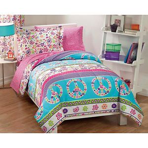 Girls Bedding in Bag Comforter Set 5 PC Pink Peace Sign Hearts Floral Twin