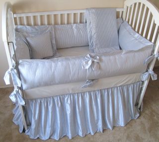 Blue White Stripe Dupioni Silk Baby Crib Bedding Set