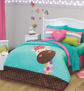 New Girls Pink Flowers Giraffe Comforter Sheet Bedding Set Full Queen 10pcs