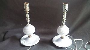 Vanity Pair of Vintage Hobnail Milk Glass Bedside Table Electric Lamps