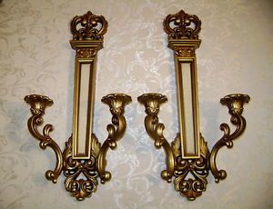 Pair of Vintage Syroco Double Candle Holder Wall Sconce Gold Hollywood Regency