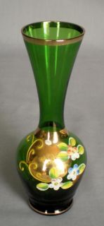 Vtg Hand Painted Gilt Bohemian Style Green Glass 7 inch Bud Vase Made in Japan