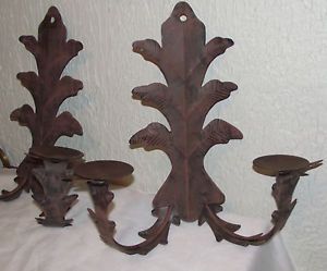 2 Iron Big Tall Wide Candle Wall Sconce Ornate Leaf Design Pillar Candle Holder