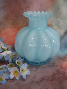 Vintage Fenton Cased Candle Holder Pale Blue Overlay Melon Shaped SM Bud Vase