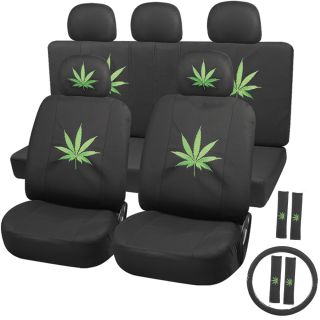 17pc Green Weed Marijuana Leaf Bucket Low Back Car Seat Cover