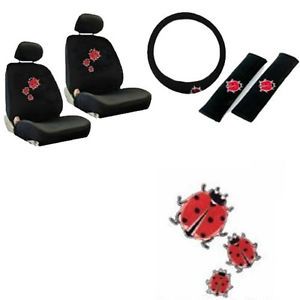 9pc Red Ladybug Beetle Front Bucket Car Seat Cover Set Steering Wheel Seat Belt