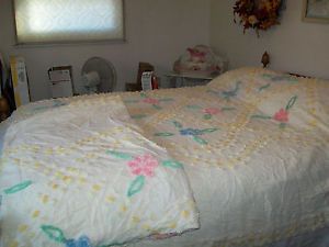 Vintage Yellow Colorful Flower Tufts Summer 100 Cotton Twin Chenille Bedspread