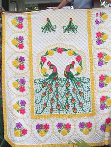 Vintage Yellow Double Peacock Curely Hearts Chenille Bedspread