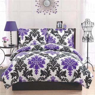 Girl Teen Kid Modern Black White Purple Damask Twin Full Queen Comforter Bed Set