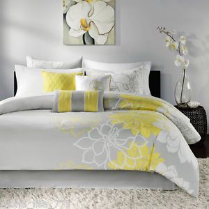 New 7 Piece King Comforter Set Yellow Floral Gray White Modern Flowers Bedding