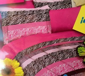 Twin Size 5 PC Comforter Sham Sheet Set Hot Pink Black Zebra Leopard Bedding
