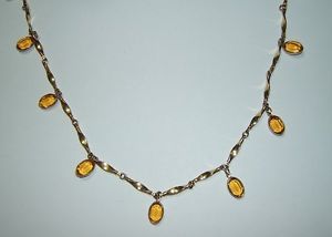 Vintage Yellow Topaz Crystal Glass Oval Bezel Set Necklace