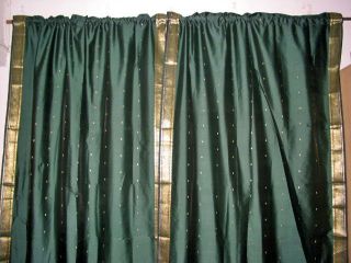 Pair of Silk Sari India Curtains Drapes Panels Dark Green Window Curtains 95"