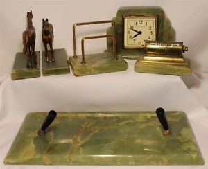 RARE 1930s Art Deco Green Onyx Desk Set Clock Pen Letter Calendar Bookends