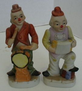 2 Porcelain Clown Playing Instruments Figurines Korea