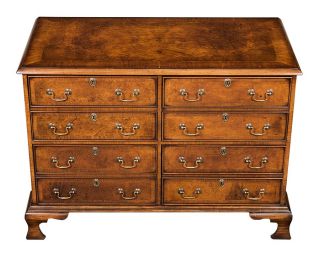 English Antique Style Burl Walnut Lateral File Cabinet w Four Drawers
