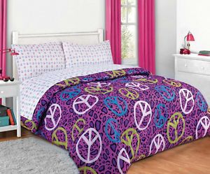Girls Bed in A Bag Purple Blue Annie Peace Sign Comforter Set Twin Full