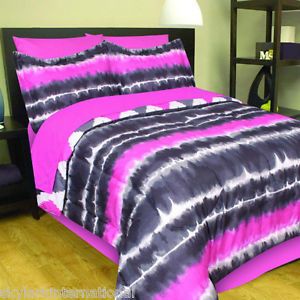 Al Bed in A Bag Comforter Bedding Set Pink Black Grey Gray White Tie Dye