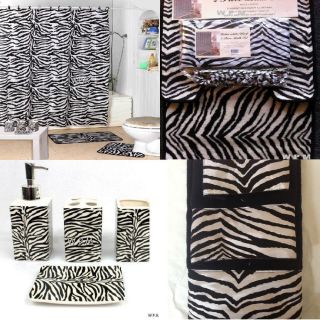 22pc Bath Accessories Set Black Zebra Animal Print Bathroom Rugs Shower Curtain