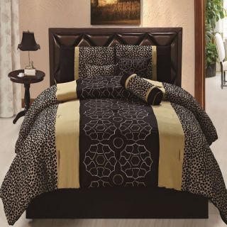 7pcs Black Gold Gray Leopard Embroidered Bed in A Bag Comforter Set Queen Size