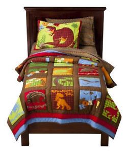 Bright Colored Dinosaurs Boys Twin Quilt Sham Sheet Set 5 Piece Bed in A Bag