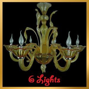 6 Light Vintage Yellow Blown Murano Glass Chandelier Light Pendant Lamp Ceiling