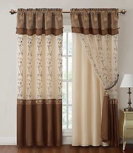 Brown Window Curtain Drapery Panel w Attached Backing and Valance 57"X90"