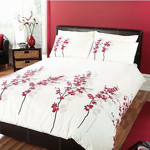 Cream Red Oriental Flower Print Bedding Set Duvet Cover Pillowcases All Sizes