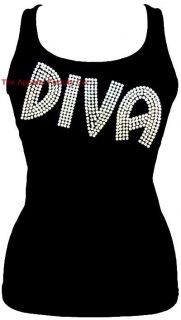 New Rhinestone Diva Sequins Black Tank Top T Shirt Small to 3XL not Rhinestone