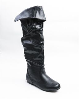 Women Comfort Fashion Kitten Faux Leather Slouch Rouched Black Knee High Boots