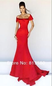 Red Satin Mermaid Long Train Cap Sleeve Backeless Evening Gown