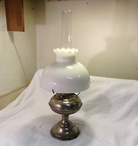 Antique Royo Oil Lamp with Glass Chimney and Milk Glass Shade